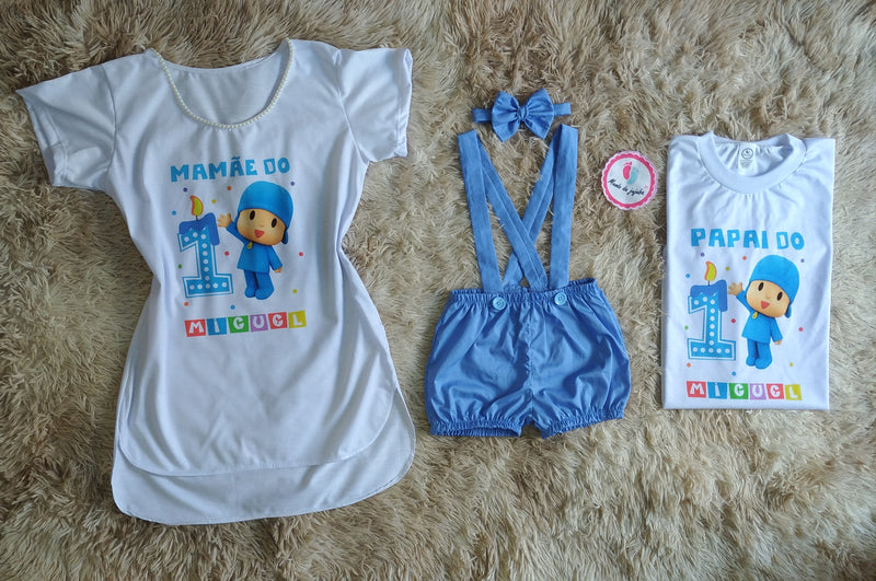 Kit Familia 2 Camisetas Personalizadas Pocoyo + Jardeineira infantil