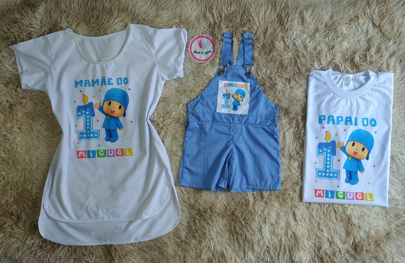 Kit 2 Camisetas Personalizados Pocoyo + Jardineira Personalizada Pocoyo