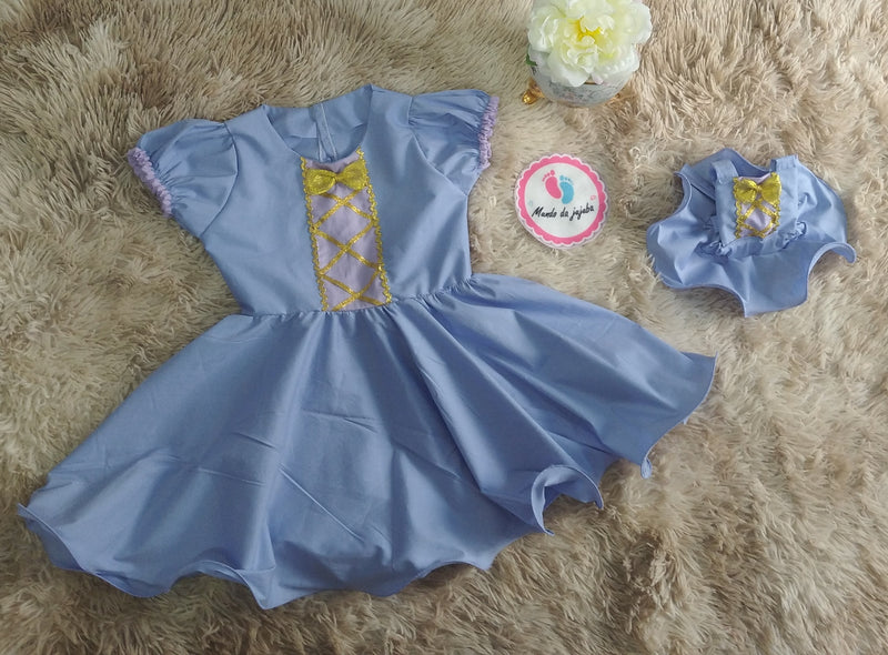 Vestido Temático Rapunzel Infantil + Jardineira de Boneca